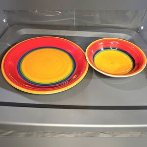 Royal Norfolk Mambovintage ceramic red/yellow 10" dinner plate, 7" soup bowl set